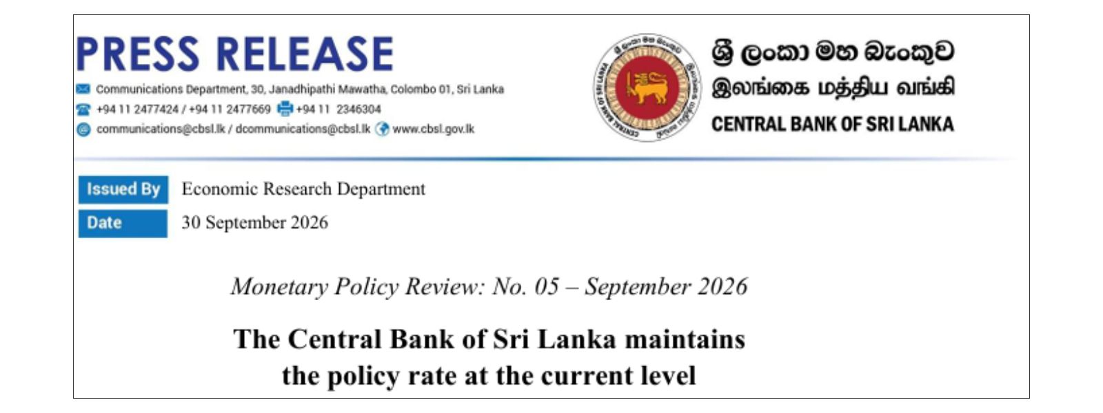 SL maintains the policy rate at the current level